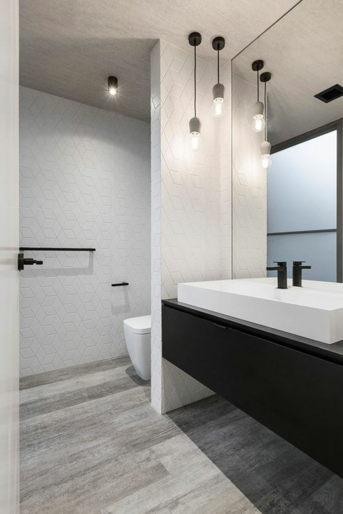 remodeling ideas, grey wooden floor, white textured walls, black mounted cupboard, large white sink with black tap, big wall mirror and two hanging lights