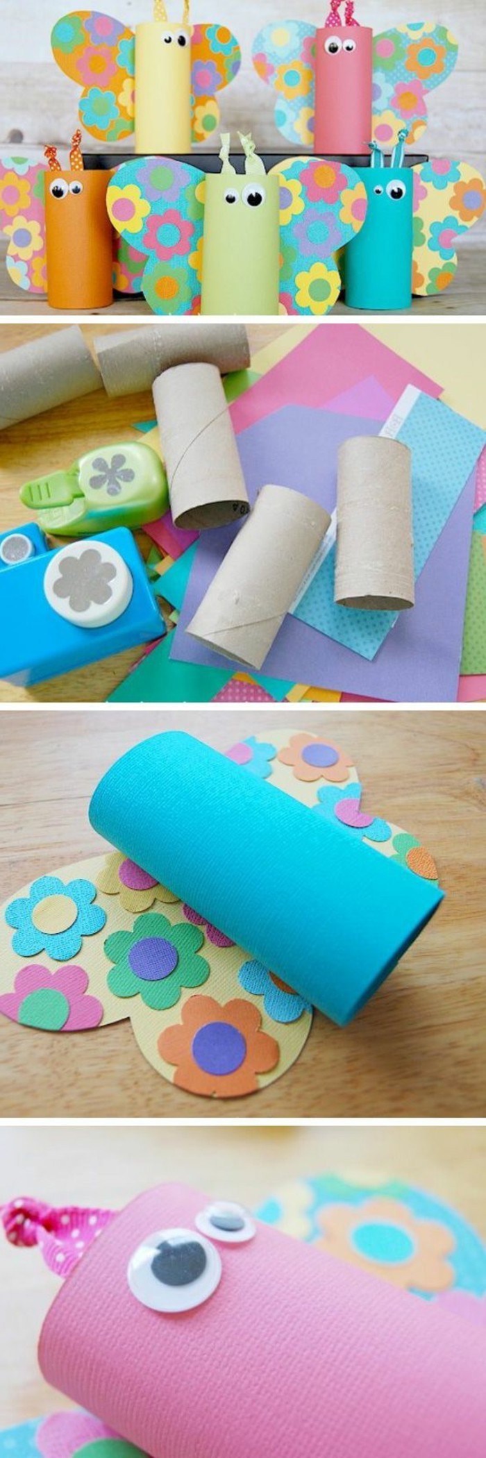 diy projects for kids, five butterflies made from toilet rolls in different colors, with multicolored wings, close up of the items used, the work in progress, and the final result