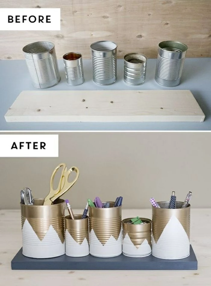 tin can projects, five differently sized tins and plain plank, next picture shows the cans decorated with gold and white paint and stuck to the now painted plank, containing pencils and stationary