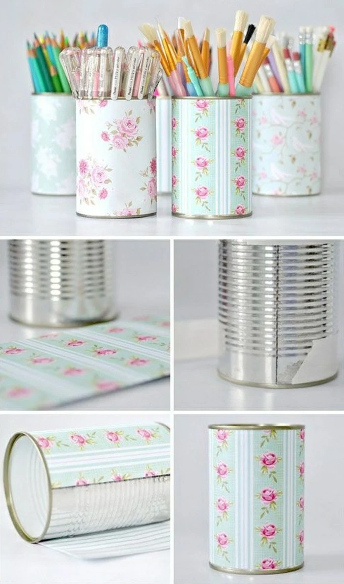 tin can projects, several pencil cases made from tins, decorated with floral paper in pastel colors, containing pencils brushes and pens