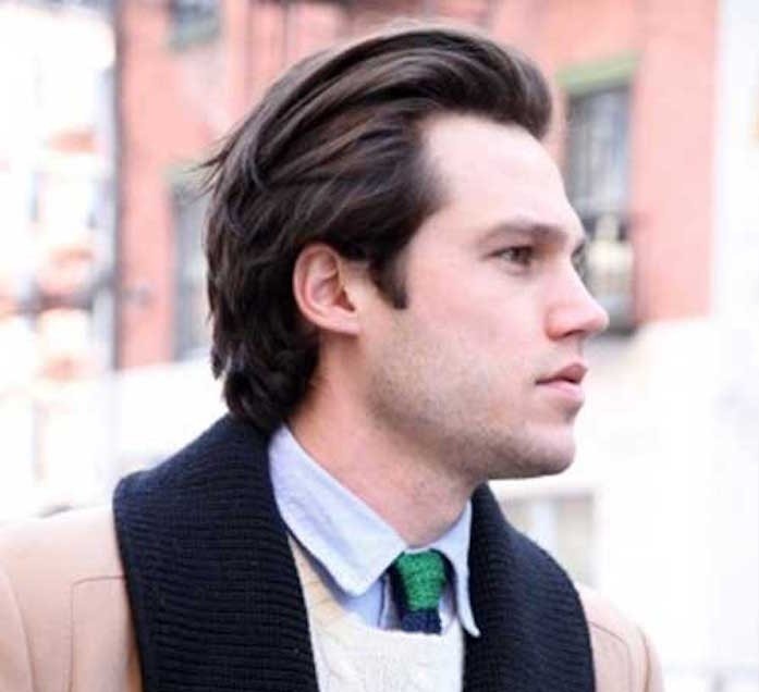 hairstyles for shoulder length hair, smartly dressed man with stubble, dark brown hair brushed back