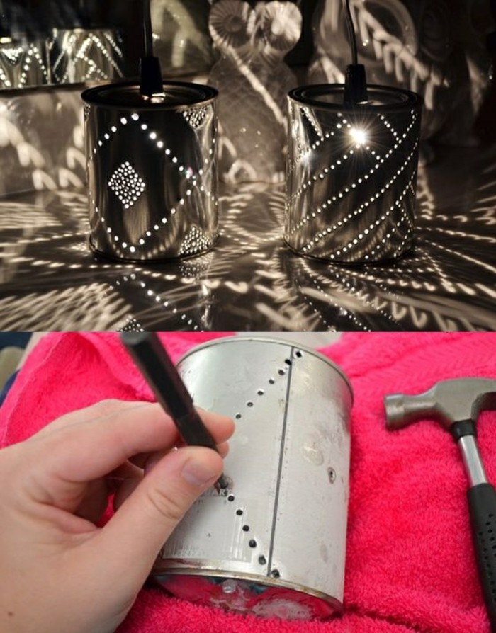 tin cans for crafts, two luminaries made from aluminium cans, with small holes forming patterns, light coming from within and projecting shapes on walls, hand punching holes in can with sharp object