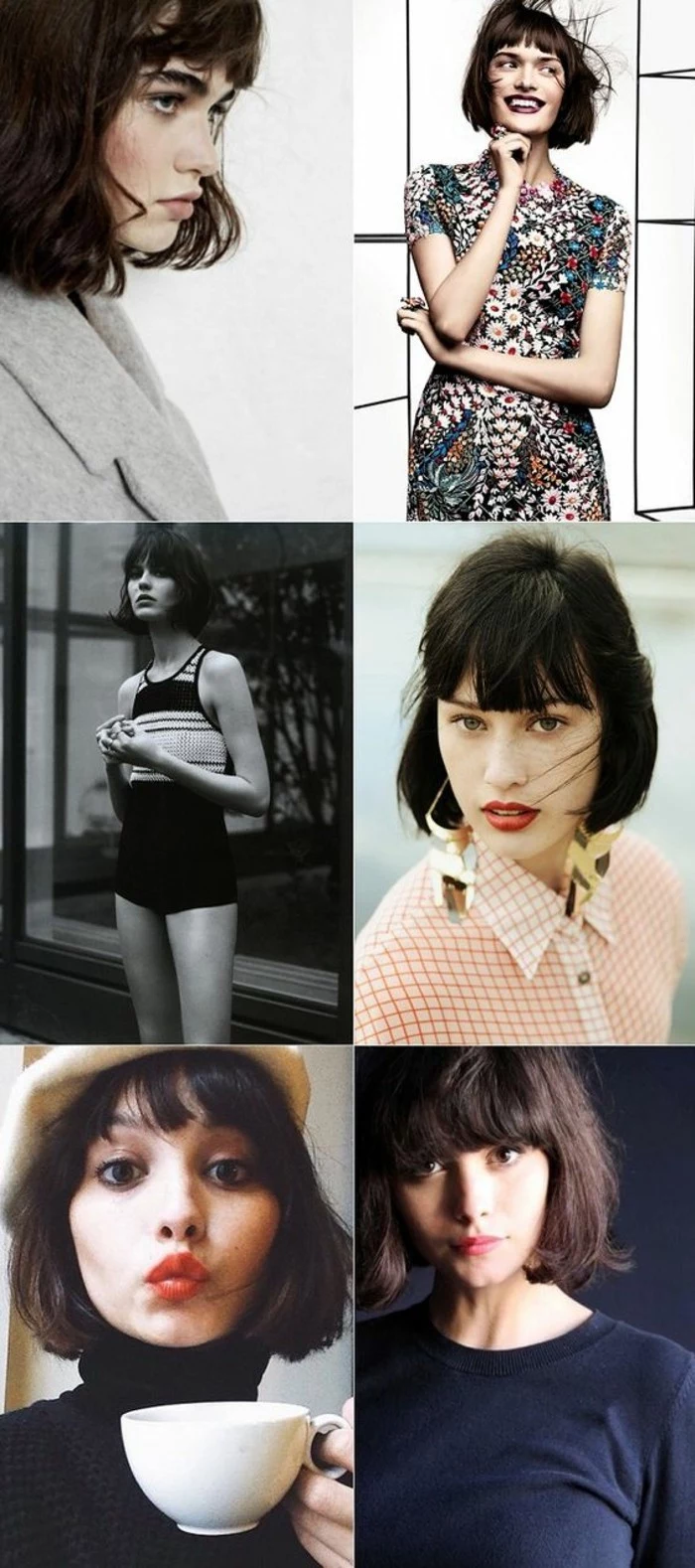 cute short haircuts, six images of women with dark brown and black retro bobs with bangs, seen from different angles, and wearing different clothes