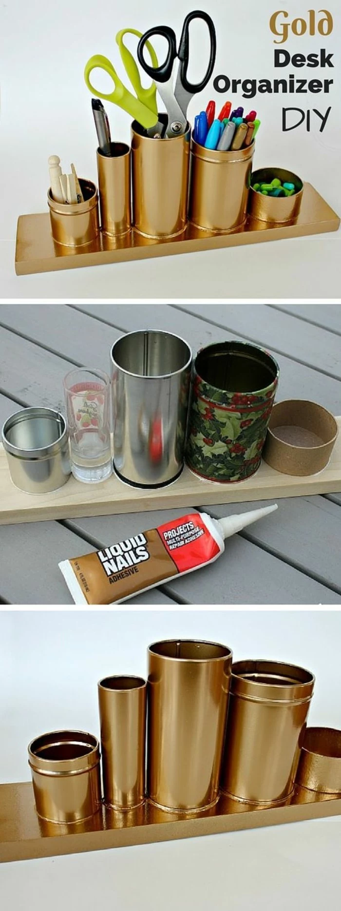 aluminum tins, desk organizer made from differently sized cans, round boxes and a glass, stuck on a wooden plank, all spray painted with copper metallic paint