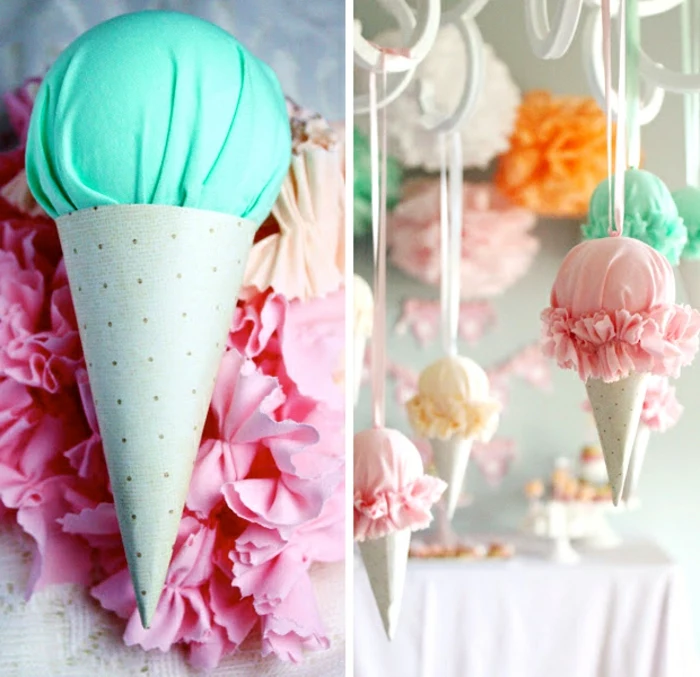 summer craft ideas, ice cream cone decoration, made from turquoise, and grey polka-dot printed fabric, next photo shows more similar decorations, hanging from white ribbons 