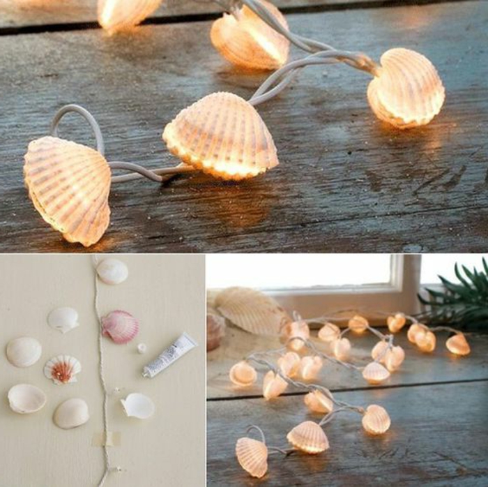 summer diys, fairy lights decorated with seashells, seen from two different angles, third image shows work in progress, fairy lights half-decorated with seashells, loose seashells and a tub of glue nearby