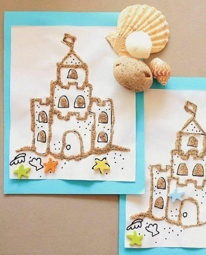 easy fun diys, two identical black and white drawings of a castle, decorated with real sand, and colorful felt star cutouts, on white and teal background, three seashells and a stone placed on top