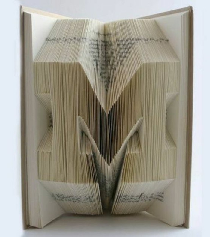 the letter m, made from folded pages, inside an opened book, with hard off-white covers