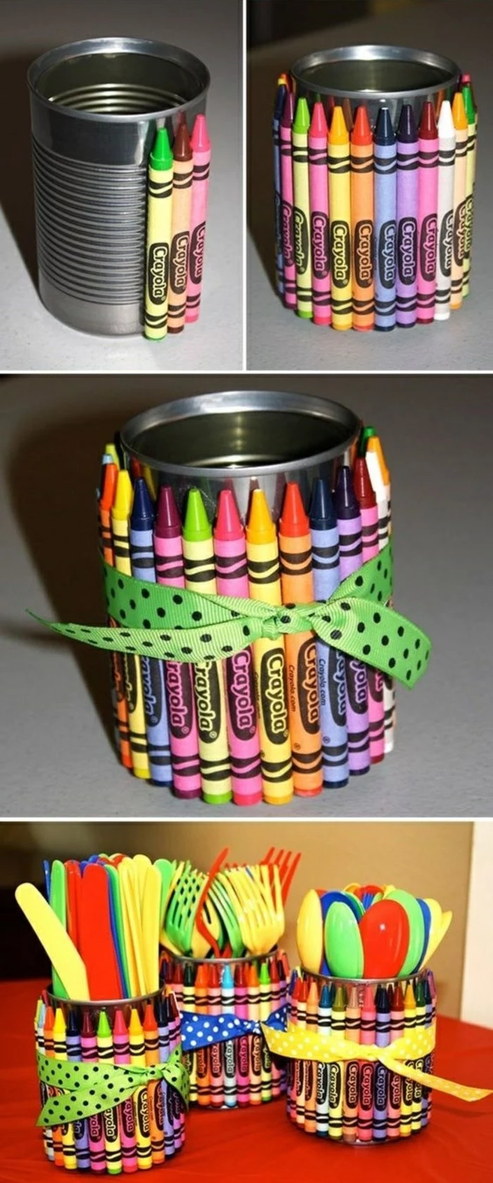 tin cans, aluminium cans decorated with colored crayons, tied with green ribbon with black polkadots, containing plastic cutlery in different colors