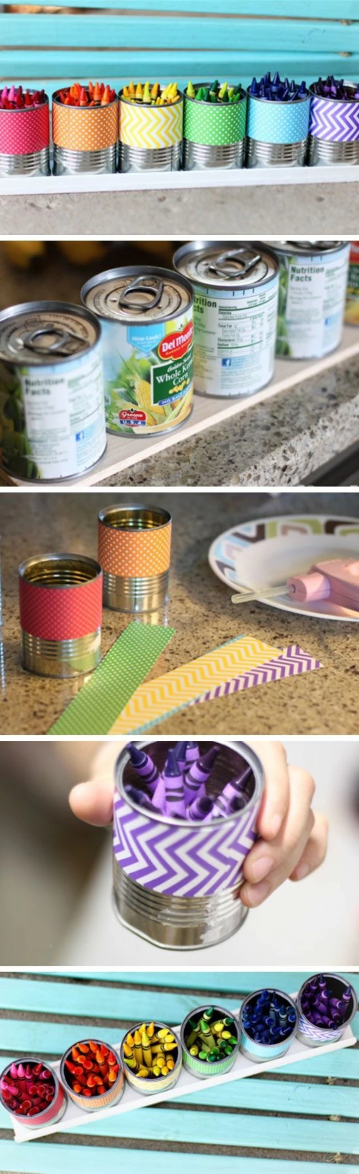 tin can crafts, six aluminium cans, decorated with paper in different colors, containing crayons in corresponding colors