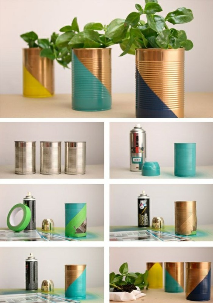 tin can projects, three tin cans, containing green potted plants, decorated with differently colored paint, step by step photo tutorial showing the painting process