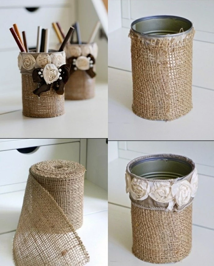 tin can crafts, two tin cans wrapped in burlap, decorated with fabric roses and brown bows, containing colored pencils