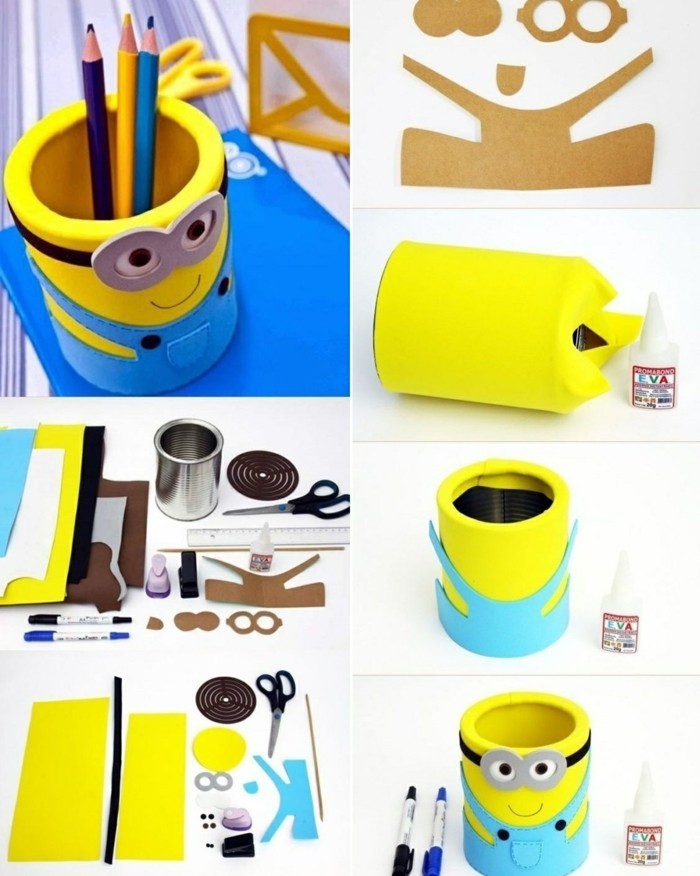 tin can crafts, yellow and blue minion pencil case, step by step picture guide how to make it, including the necessary materials