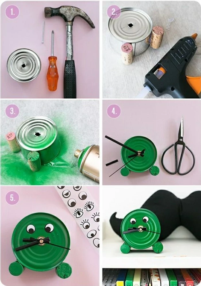 aluminum tins, tin placed near hammer, screwdriver and nail, with cork bottle stoppers stuck to it, spray-painted with green paint, decorated with eye stickers and made into a clock