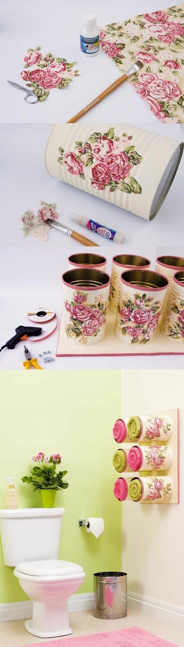 empty tin cans, floral paper and glue, near small scissors and paint brush, six large cans decorated with decoupage, containing towels and stuck on wooden board, mounted on a toilet wall