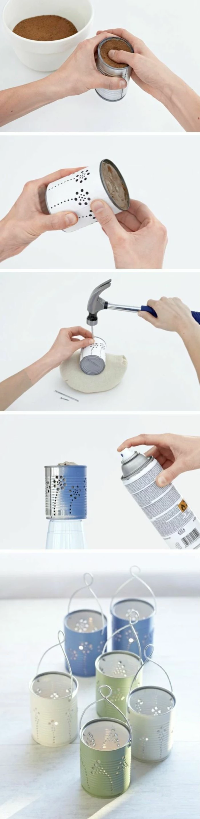 empty tin cans, six luminaries made from cans colored in light green and blue, hands filling can with dirt, making holes following a pattern with nail and hammer, spraying can with blue paint
