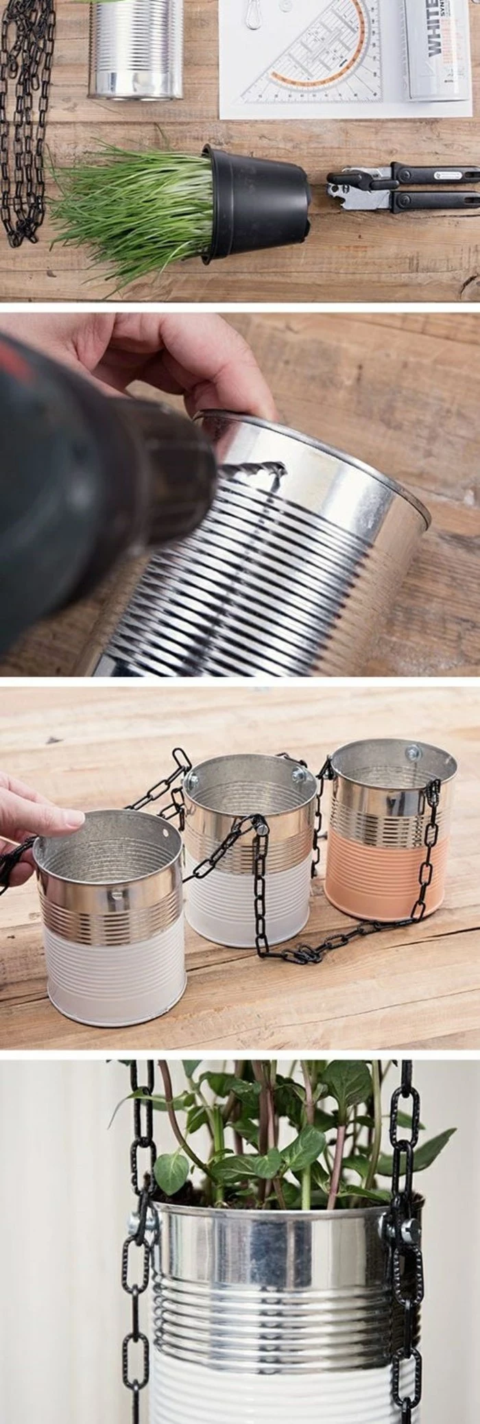 tin can crafts, aluminium can and green potted plant, black chain and ruler, near metal pliers, person making holes in can with drill, attaching three cans together with chain, close up of a can with plant inside
