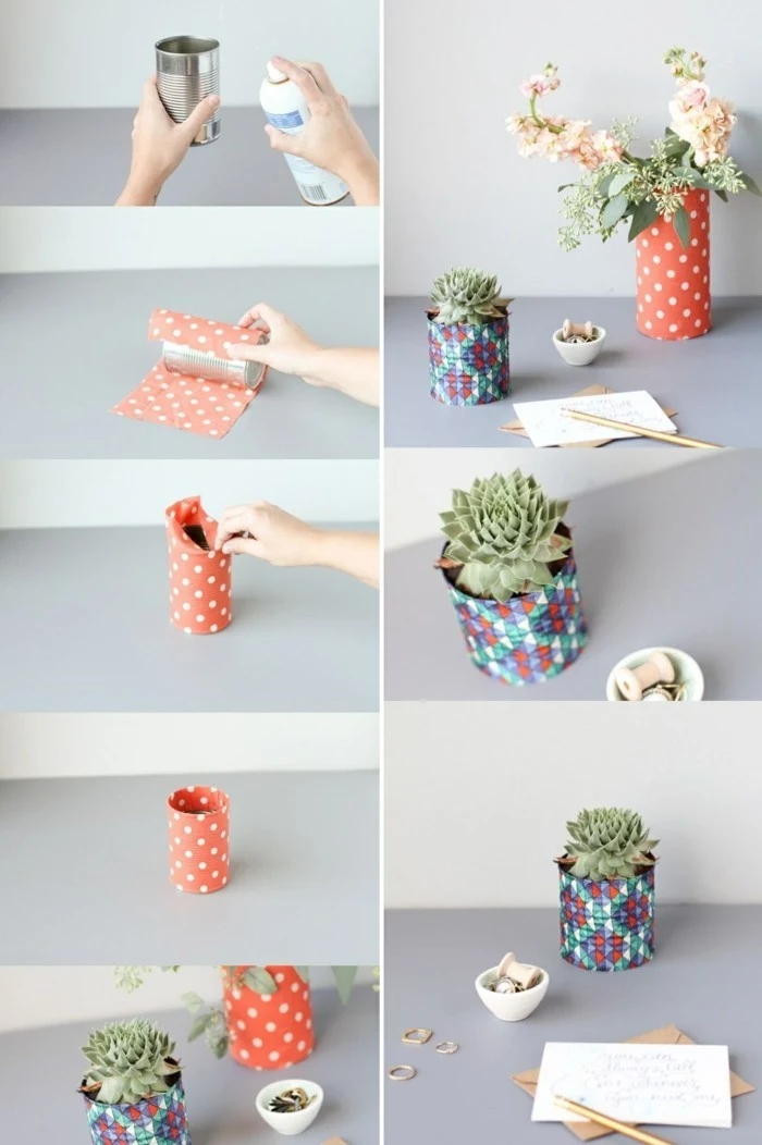 tin cans, step by step photo tutorial, explaining how to make a plant pot and vase, using cans and paper