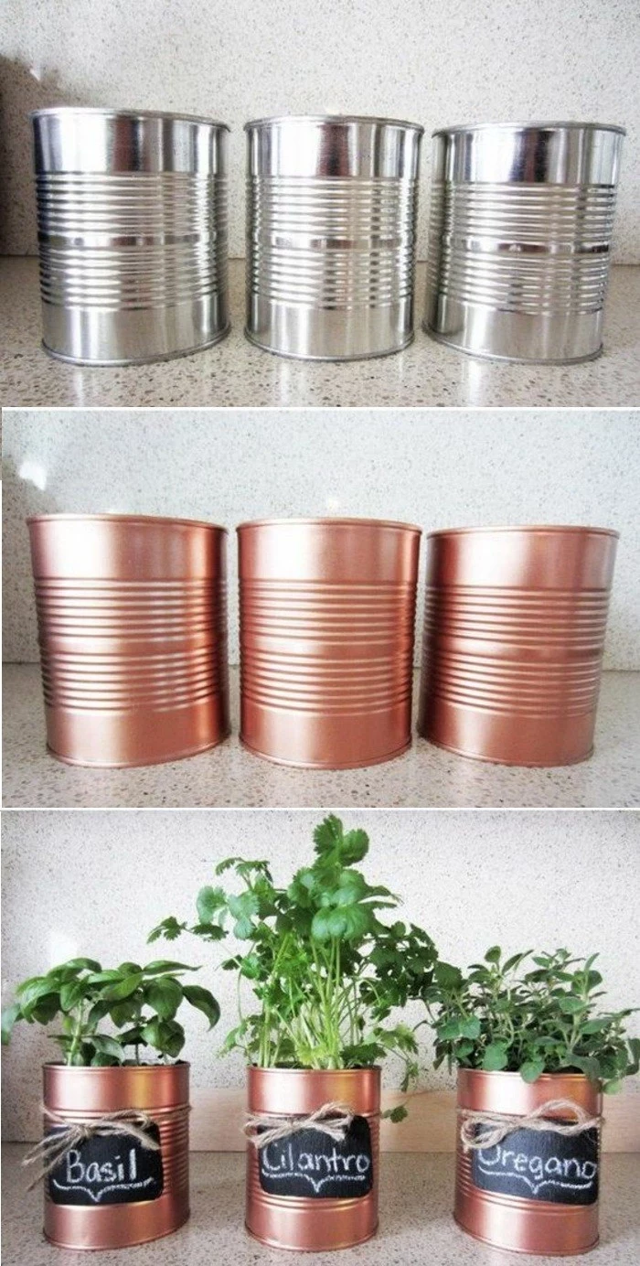 tin can crafts, three aluminium cans, colored with copper paint, with black labels tied with string, containing different planted green herbs