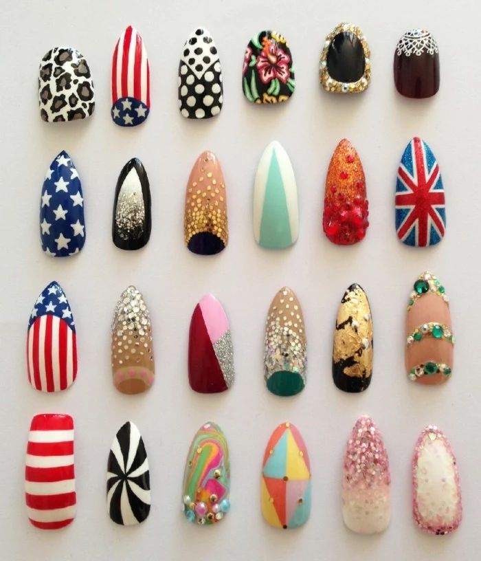 twenty-four fake nails with different designs, animal prints and stars, flags and stripes, red and blue, white and black, 