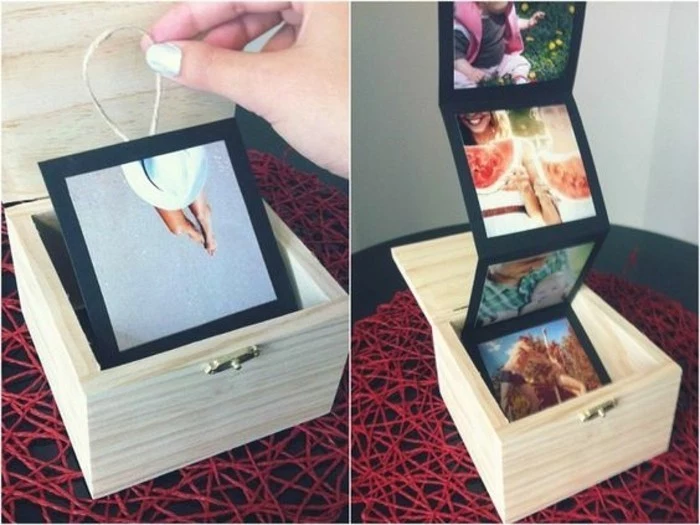 long distance friendship gifts, hand holding string attached to black cardboard with a photo, inside a small wooden box, next photo shows the cardboard unfolding to show more photos