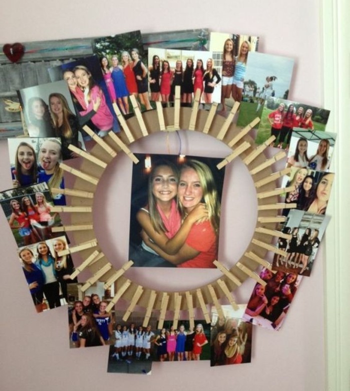 cool gifts for teens, cardboard wheel decorated with photos, showing smiling teenage girls, attached to it with wooden clips