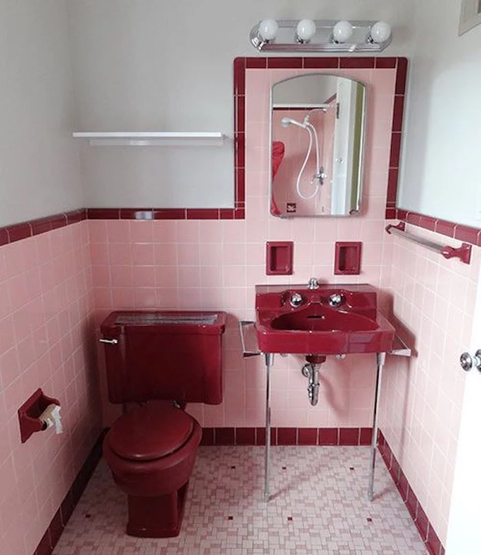 bathroom decor ideas, vintage style toilet, white walls partially covered with pale pink and dark red tiles, antique dark red toilet seat and sink