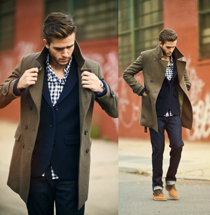 brown woolen winter coat, worn over navy blazer, blue and white chequered shirt, and dark denim jeans, by young man with beige shoes, business casual men, seen from two angles