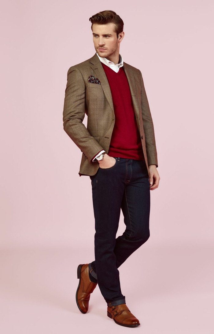 brown blazer with pocket handkerchief, over burgundy v-neck sweater, and white shirt, worn with brown leather business casual shoes, by man in dark jeans