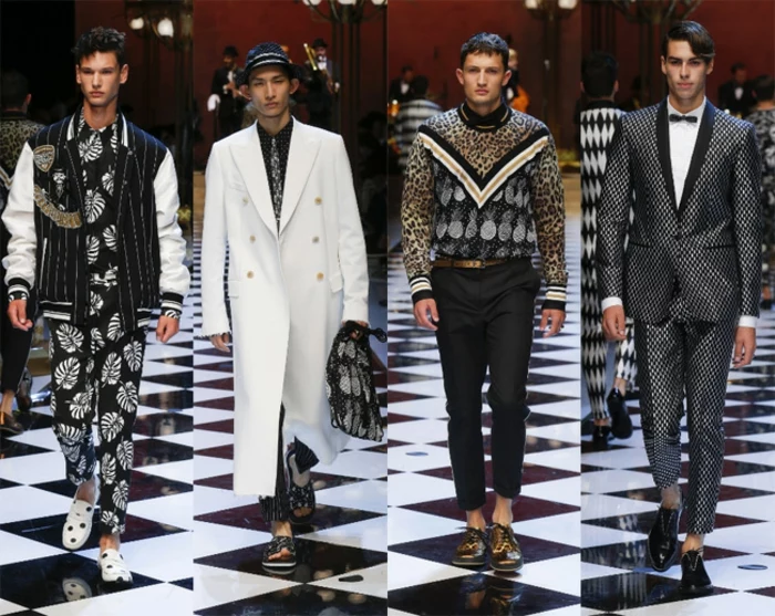 haute couture for men, four catwalk models, wearing clothing with botanical and animal prints, oversized white coat, unusual polka dot suit