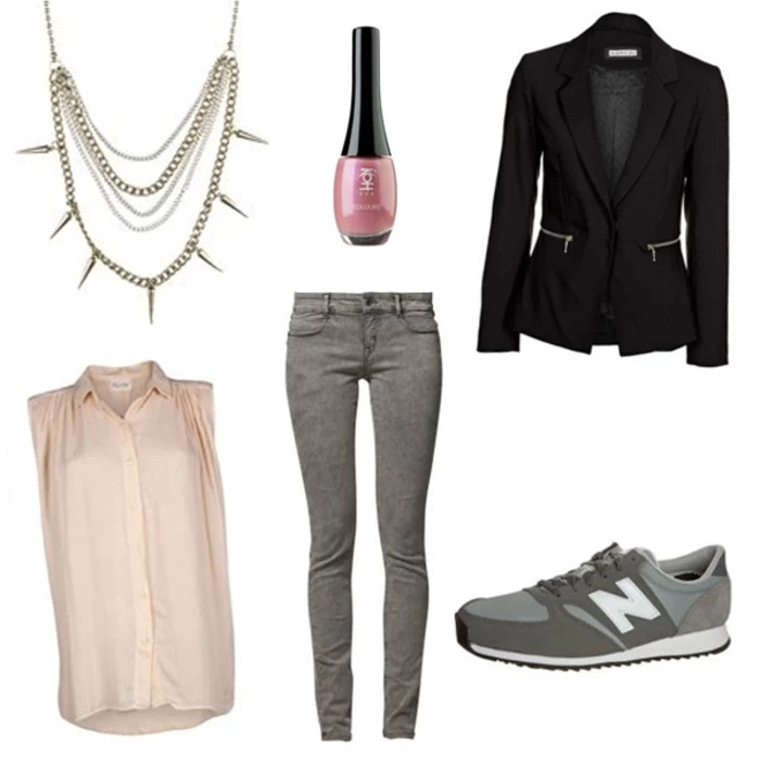 business casual for young women, chain necklace with spikes, bottle of pink nail polish, black blazer with zip detail pockets, pale pink sleeveless shirt, light grey skinny jeans, and grey and white sneakers