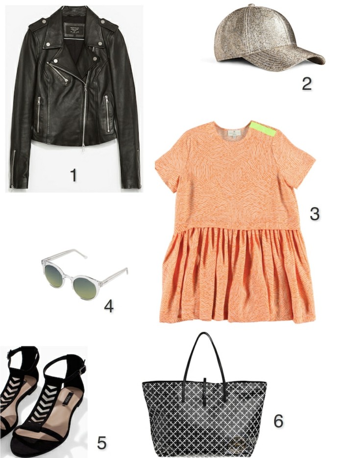 cute work outfits, black leather biker jacket, metallic baseball cap, peach colored mini dress with pleated skirt, black and white patterned shopper bag, sunglasses and black sandals