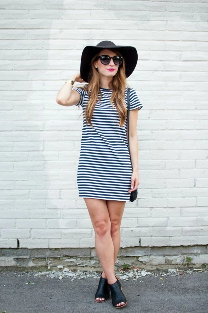 women business casual, white and navy striped t-shirt, worn by blonde woman with sunglasses, large felt hat and black peep toe mules