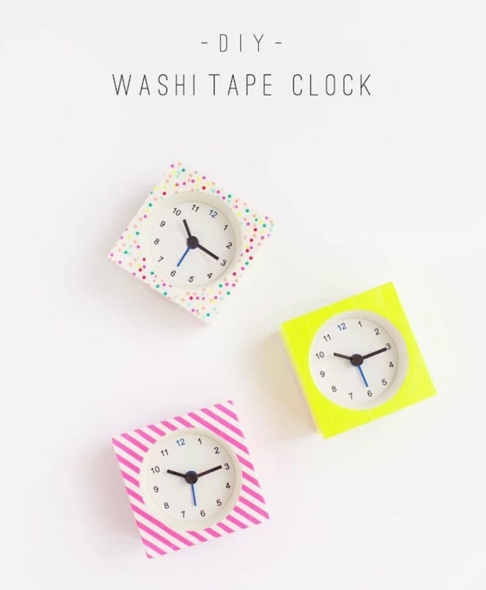 small square clocks, decorated with washi tape, pink and white stripes, multicolored polka dots, and canary yellow, easy arts and crafts