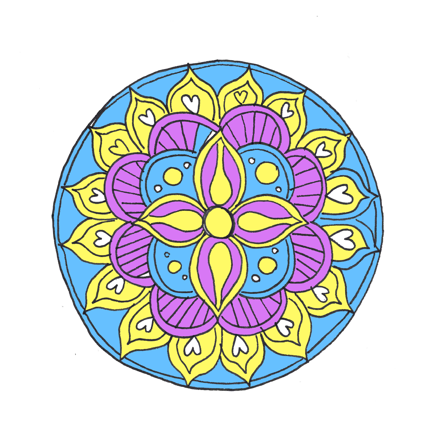 blue and white, purple and yellow, digitaly colorized image of a mandala, craft ideas, large circle with hearts and a flower shape
