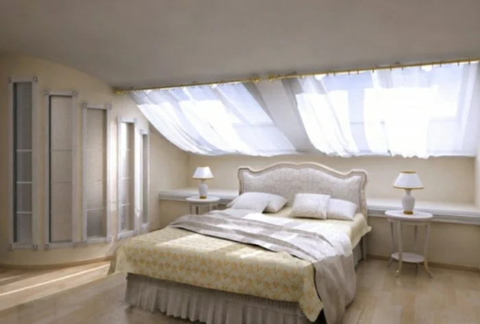 bedroom curtains, classically furnished bedroom, with light bed and furniture, two sloping windows, with sheer white curtains