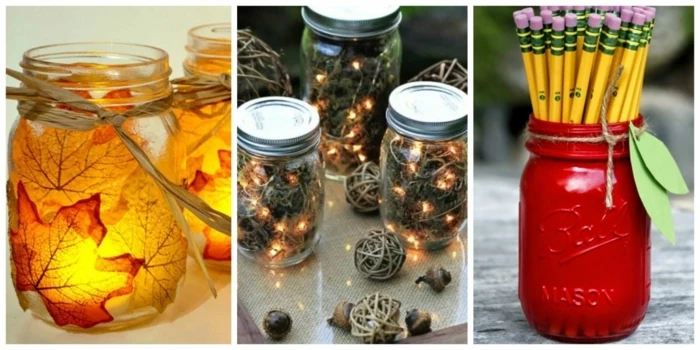 mason jar decorations, a lantern jar decorated with autumn leaves, three jars containing lit fairy lights and moss, jar painted in red, made to look like an apple, with pencils inside