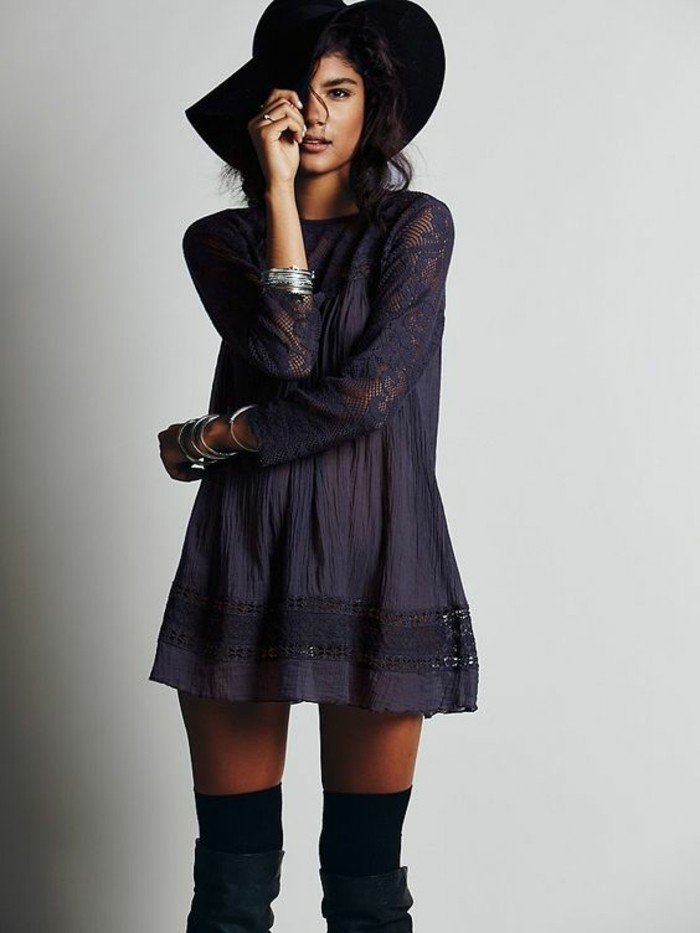 women outfits, dark purple tunic dress, with lace details, worn by brunette with large dark hat, wearing black over the knee socks, and dark green boots
