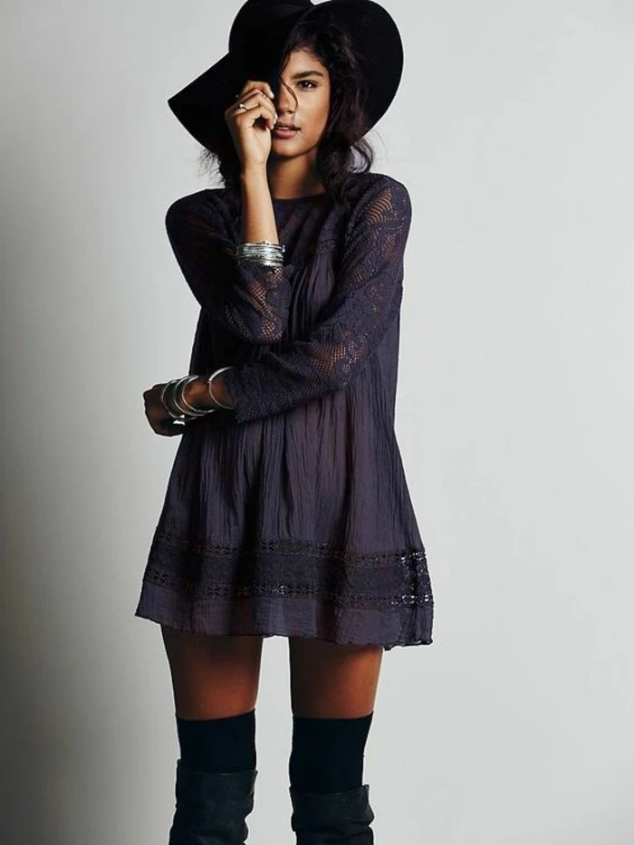 women outfits, dark purple tunic dress, with lace details, worn by brunette with large dark hat, wearing black over the knee socks, and dark green boots