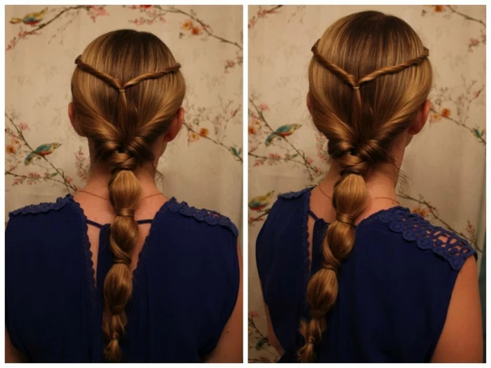 medieval times hair, dark blonde hair, with several twisted strands coming from both sides, and uniting in the middle, blue top with embroidered details
