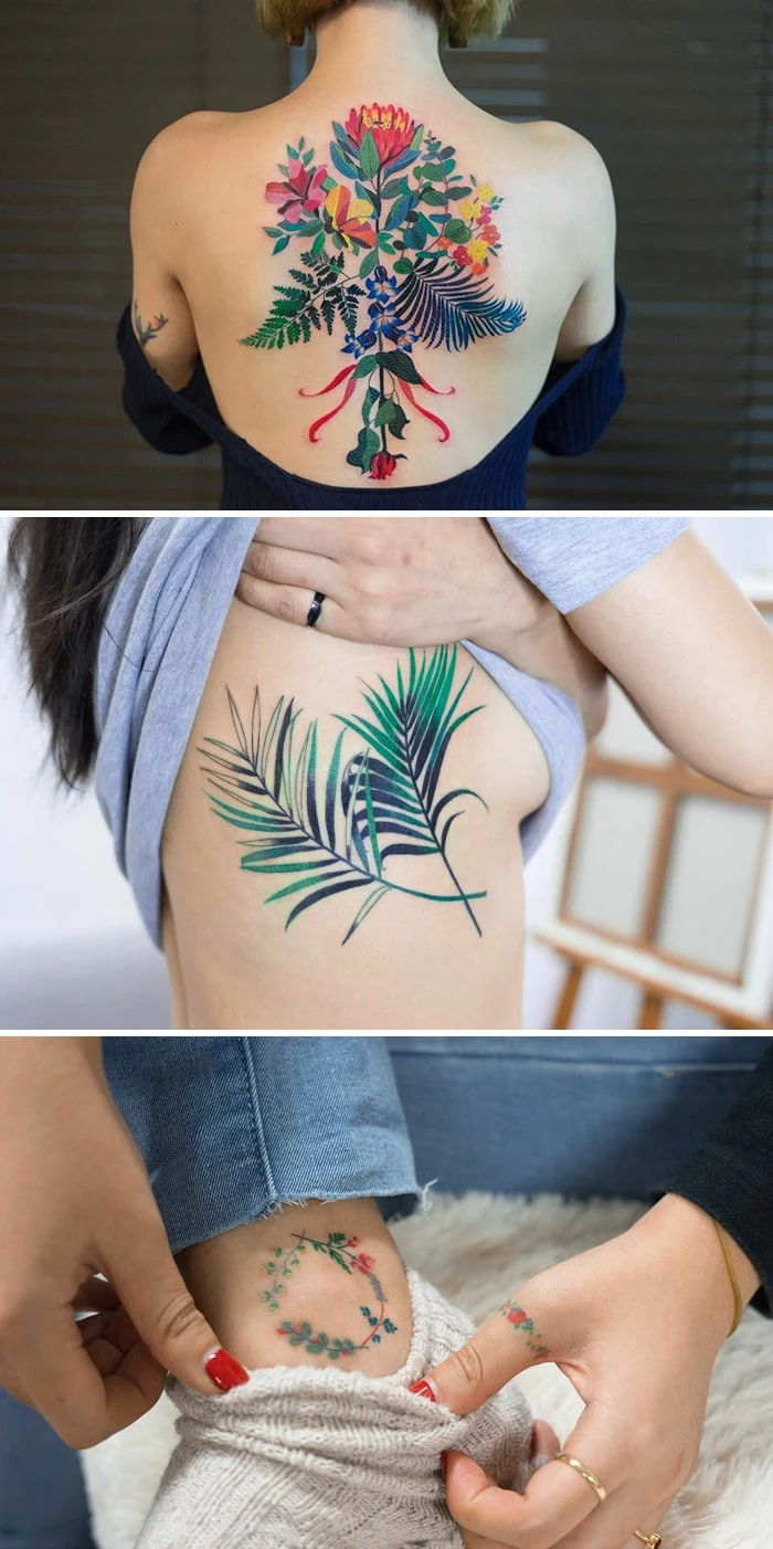 botanical tattoo, woman with a large multicolored floral back tattoo, another with a tattoo of two fern leaves, on her side, in green and blue, an ankle tattoo of a small flower wreath, in green yellow and red, tiny floral thumb tattoo
