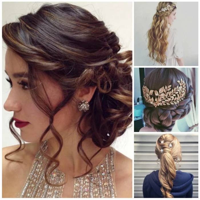 medieval braids, four examples of hair inspired by the past, messy bun with loose curly strands, long blonde hair with braid, braided brunette hair with gold ornament, curled blonde ponytail with flowers
