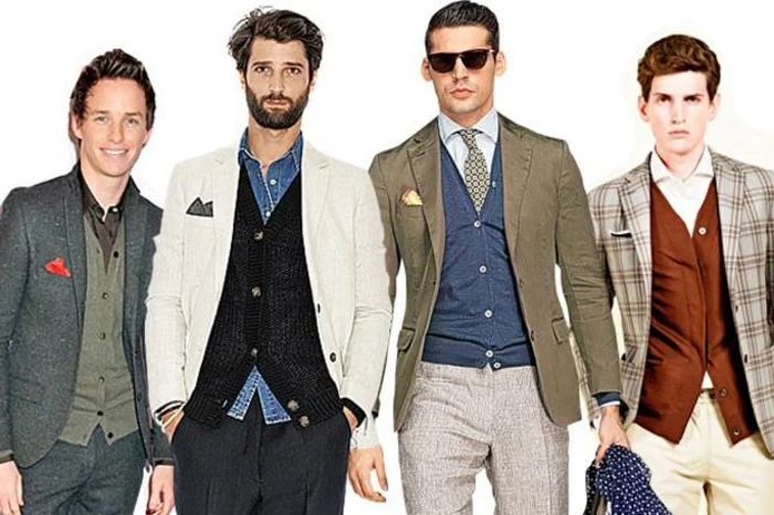 four examples of business casual outfits, grey two-piece suit, with cardigan and shirt, blazers in white, khaki and plaid, sunglasses and handkerchiefs