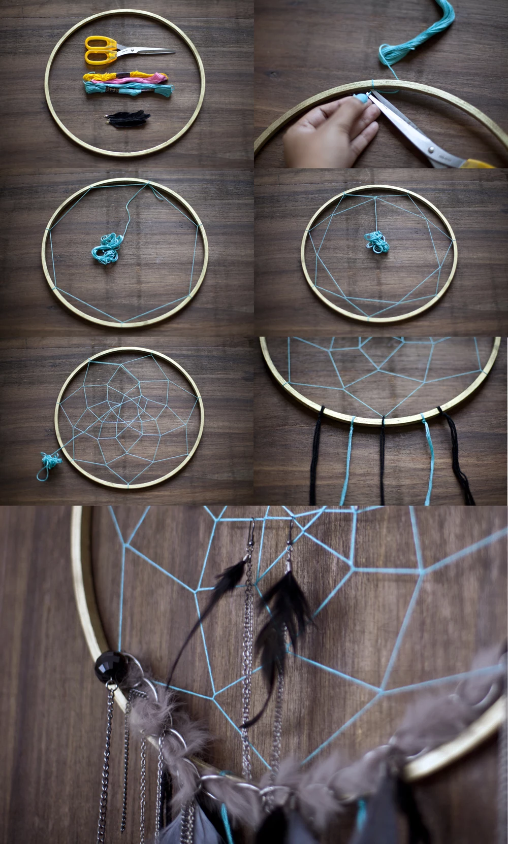 materials needed for making a dream catcher, scissors and thread in different colors, small wooden hoop and feathers, art and craft ideas, photos showing how to make a dream catcher