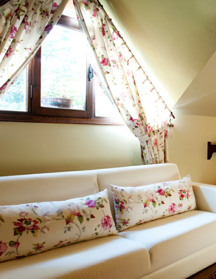 window treatment ideas, white sofa with floral cushions, near wooden gable window, with matching curtains