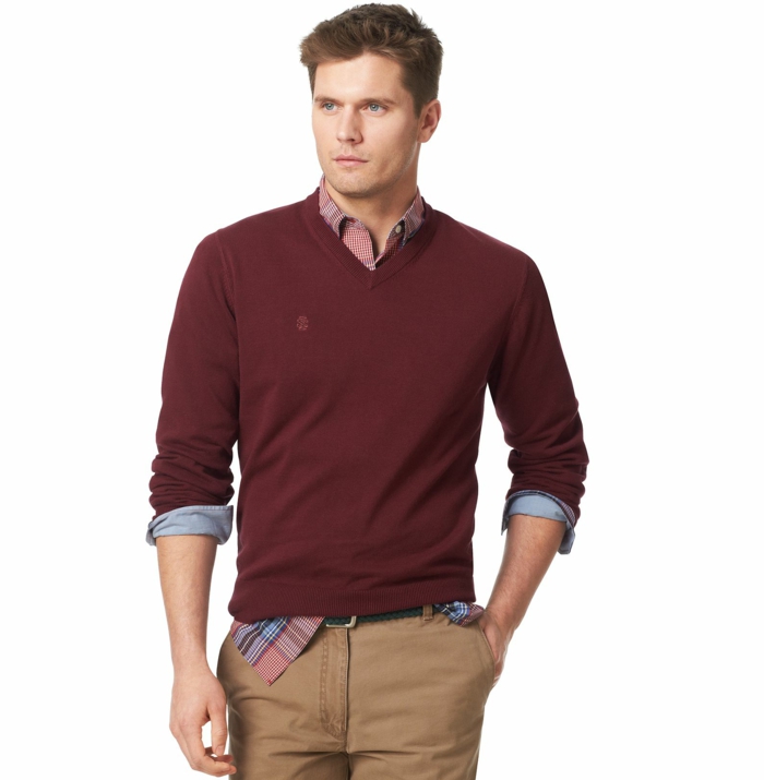 burgundy red v-neck jumper, worn over plaid shirt in pink and blue, business casual attire, combined with beige pants