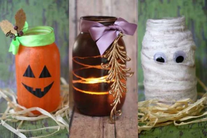 decorating mason jars, jar painted in orange, with jack-o-lantern face, purple jar with ribbon and gold ornament, mummy jar made with bandages and eye stickers
