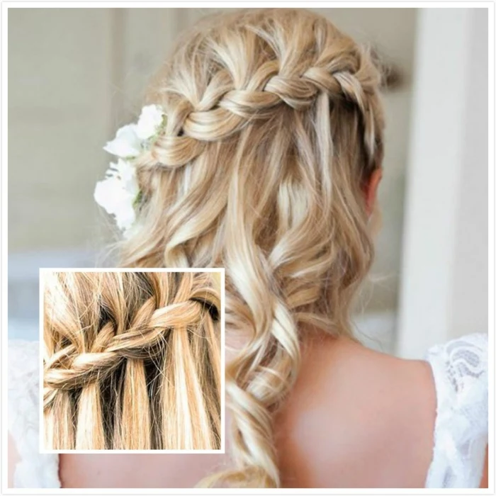 middle age hairstyles, blonde curled hair, with a single side braid, decorated with white flowers, close up shows the braid's pattern, medieval women hairstyles