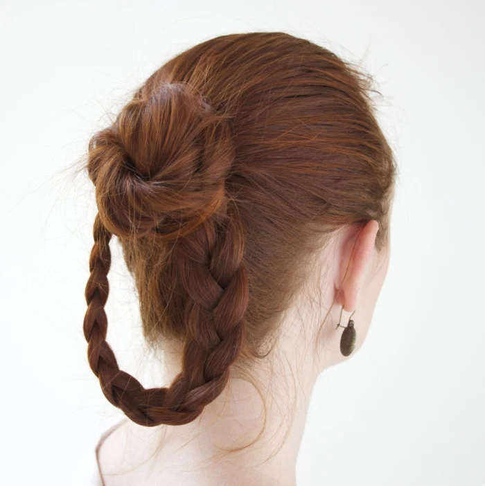 medieval hairstyles, dark red hair, with a hoop-like braid, and a simple hair knot, medieval women hairstyles