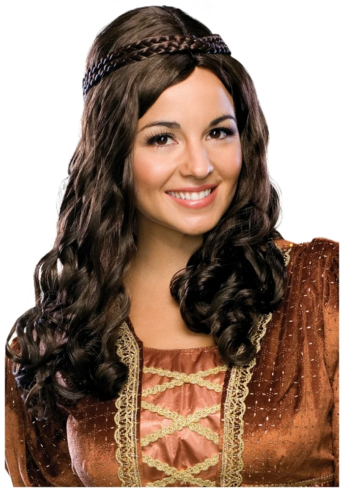 smiling woman dressed like a medieval lady, brown wig with curly ends, two rows of plaids at the top, shiny brown dress, with gold details and lace, renaissance braided hairstyles